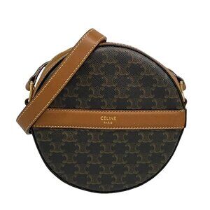 Auth CELINE Triomphe Canvas Black Dark Brown Brown PVC Leather Shoulder Bag